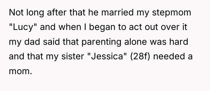 Not long after that he married my stepmom "Lucy" and...