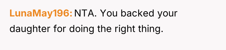 LunaMay196 NTA. You backed your daughter for doing the right...