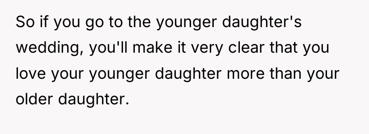 So if you go to the younger daughter's wedding, you'll...