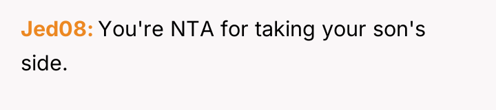 Jed08 You're NTA for taking your son's side.