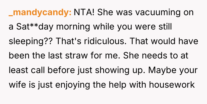 _mandycandy NTA! She was vacuuming on a Sat**day morning while...