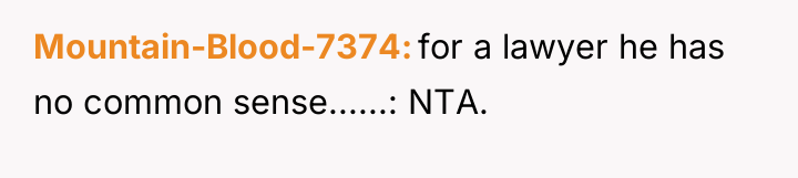 Mountain-Blood-7374 for a lawyer he has no common sense......: NTA.