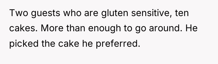 Two guests who are gluten sensitive, ten cakes. More than...