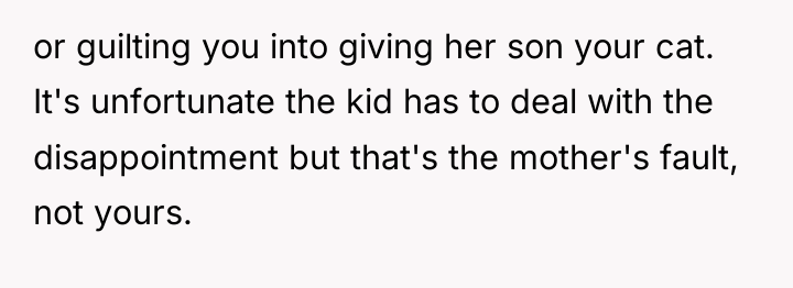 or guilting you into giving her son your cat. It's...