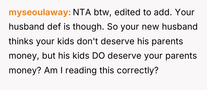 myseoulaway NTA btw, edited to add. Your husband def is...