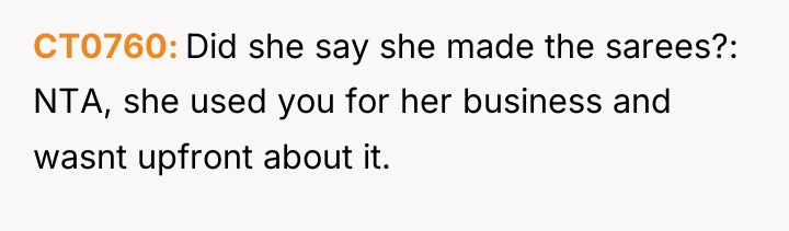 CT0760 Did she say she made the sarees?: NTA, she...
