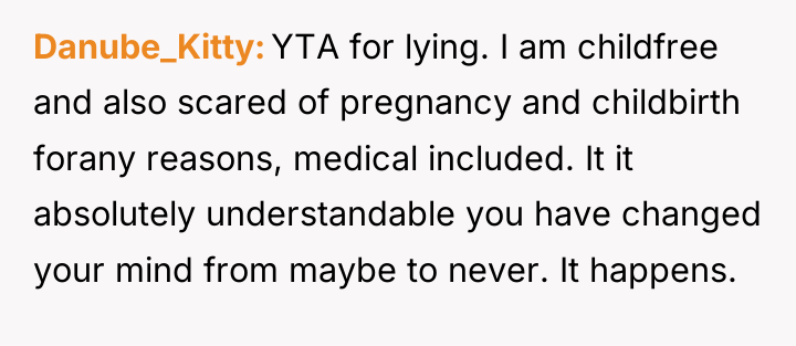 Danube_Kitty YTA for lying. I am childfree and also scared...