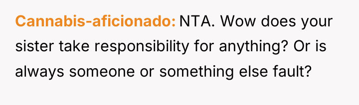 Cannabis-aficionado NTA. Wow does your sister take responsibility for anything?...