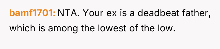 bamf1701 NTA. Your ex is a deadbeat father, which is...