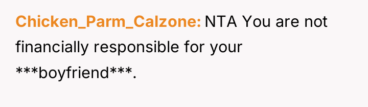 Chicken_Parm_Calzone NTA You are not financially responsible for your ***boyfriend***.