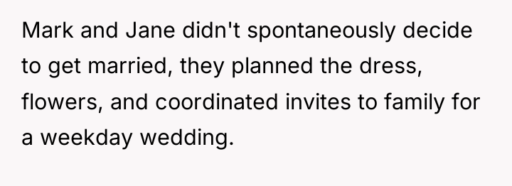 Mark and Jane didn't spontaneously decide to get married, they...