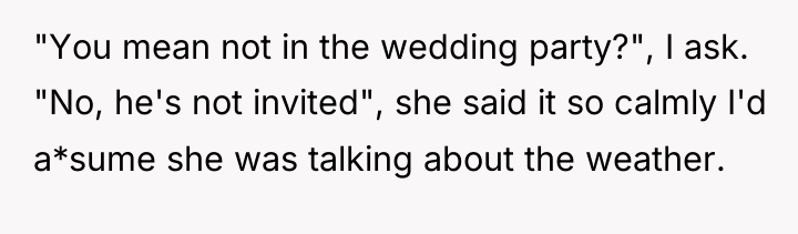 "You mean not in the wedding party?", I ask. "No,...