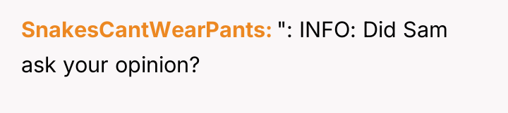 SnakesCantWearPants ": INFO: Did Sam ask your opinion?