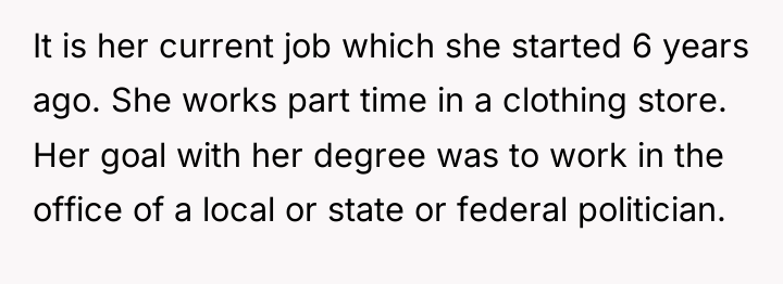 It is her current job which she started 6 years...
