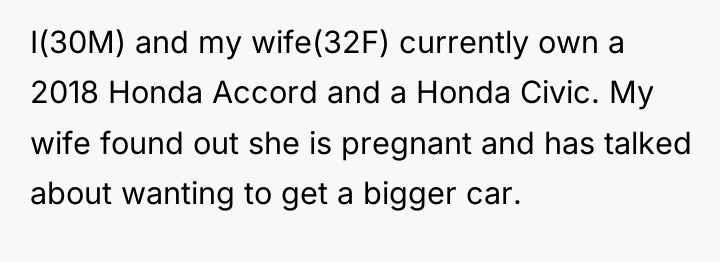 I(30M) and my wife(32F) currently own a 2018 Honda Accord...