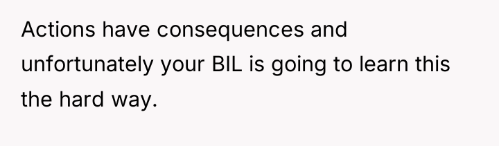 Actions have consequences and unfortunately your BIL is going to...