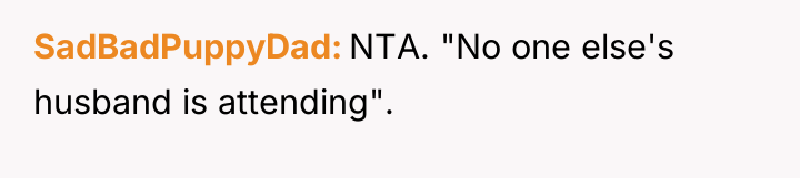 SadBadPuppyDad NTA. "No one else's husband is attending".