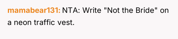 mamabear131 NTA: Write "Not the Bride" on a neon traffic...