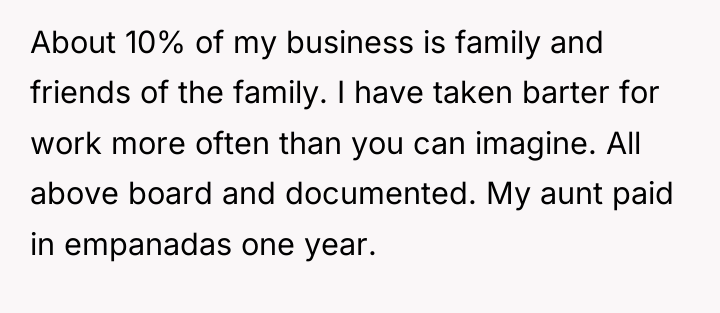 About 10% of my business is family and friends of...