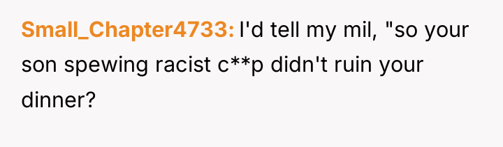 Small_Chapter4733 I'd tell my mil, "so your son spewing racist...