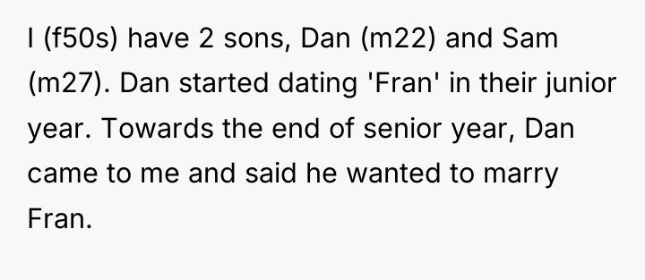 I (f50s) have 2 sons, Dan (m22) and Sam (m27)....