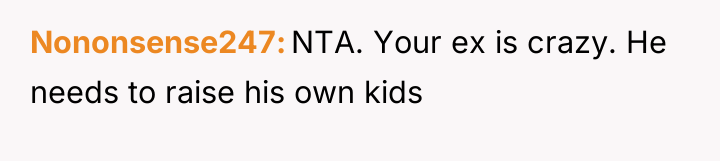 Nononsense247 NTA. Your ex is crazy. He needs to raise...
