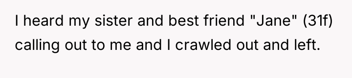 I heard my sister and best friend "Jane" (31f) calling...