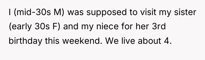 I (mid-30s M) was supposed to visit my sister (early...