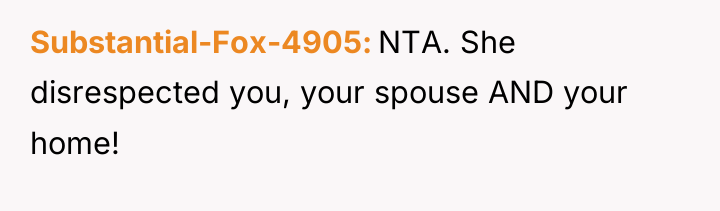 Substantial-Fox-4905 NTA. She disrespected you, your spouse AND your home!