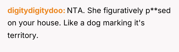digitydigitydoo NTA. She figuratively p**sed on your house. Like a...