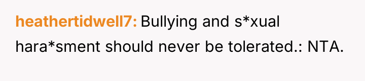 heathertidwell7 Bullying and s*xual hara*sment should never be tolerated.: NTA.