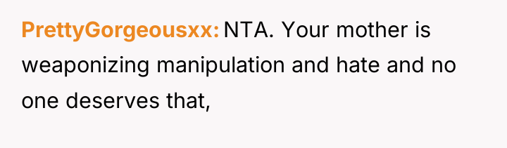 PrettyGorgeousxx NTA. Your mother is weaponizing manipulation and hate and...