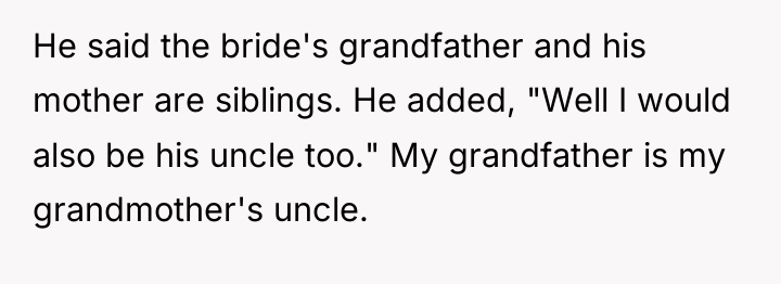He said the bride's grandfather and his mother are siblings....
