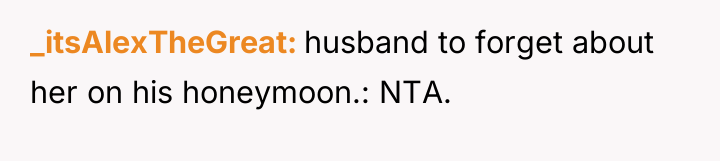 _itsAlexTheGreat husband to forget about her on his honeymoon.: NTA.