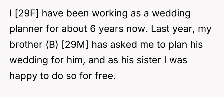 I [29F] have been working as a wedding planner for...