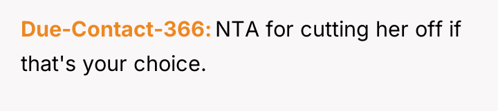 Due-Contact-366 NTA for cutting her off if that's your choice.