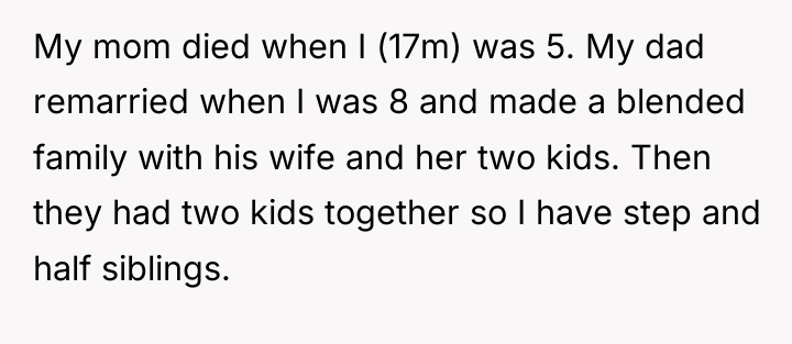My mom died when I (17m) was 5. My dad...