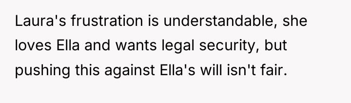 Laura's frustration is understandable, she loves Ella and wants legal...