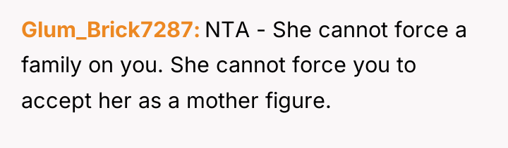 Glum_Brick7287 NTA - She cannot force a family on you....
