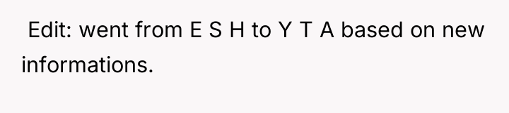 ​ Edit: went from E S H to Y T...