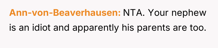 Ann-von-Beaverhausen NTA. Your nephew is an idiot and apparently his...