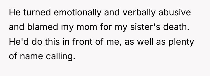 He turned emotionally and verbally abusive and blamed my mom...