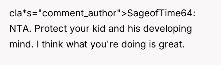 cla*s="comment_author">SageofTime64: NTA. Protect your kid and his developing mind. I...
