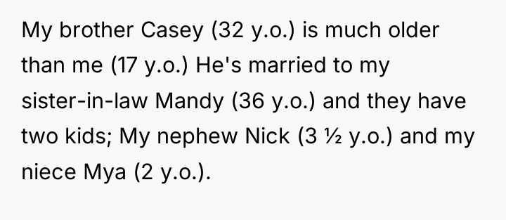 My brother Casey (32 y.o.) is much older than me...