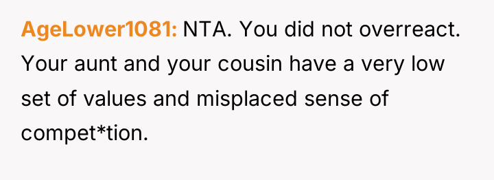 AgeLower1081 NTA. You did not overreact. Your aunt and your...