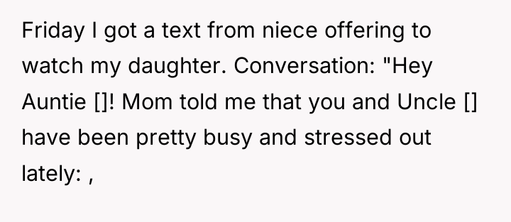 Friday I got a text from niece offering to watch...