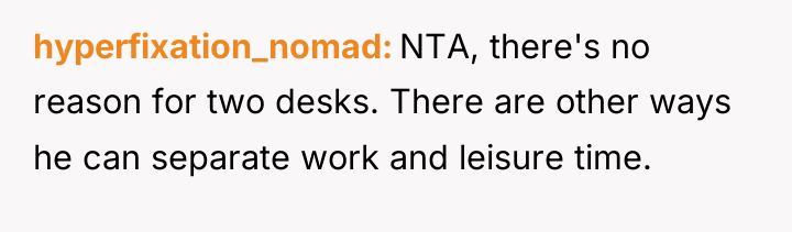 hyperfixation_nomad NTA, there's no reason for two desks. There are...