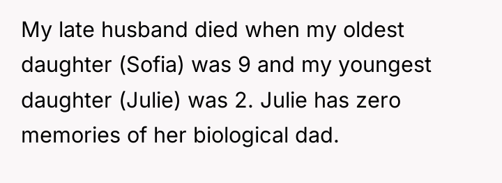 My late husband died when my oldest daughter (Sofia) was...