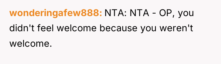 wonderingafew888 NTA: NTA - OP, you didn't feel welcome because...