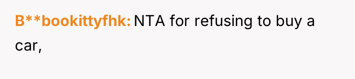B**bookittyfhk NTA for refusing to buy a car,